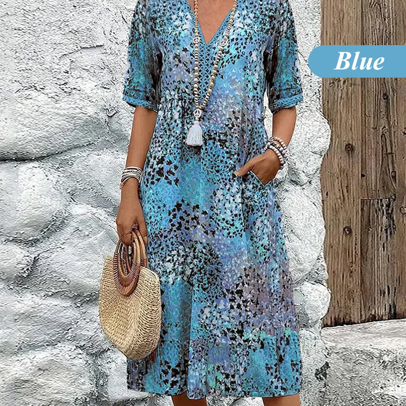 🎁Zeitlich begrenzter Rabatt💃Bedrucktes Midikleid mit V-Ausschnitt für Damen