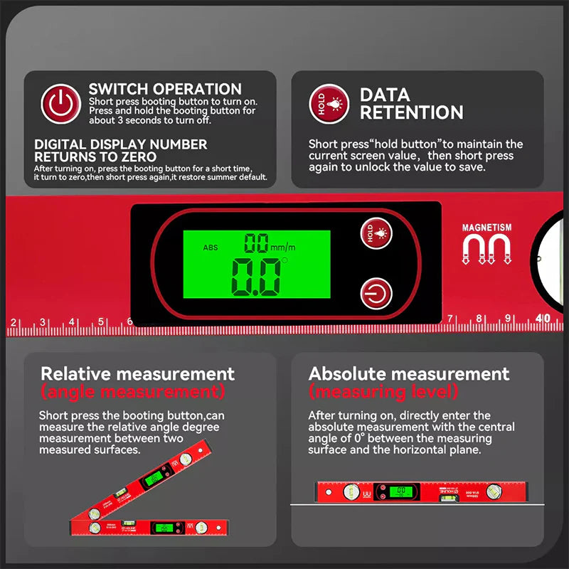 đ§đ Multifunktionaler PrĂ€zisions-Magnet-Nivellierer mit LCD-Digitalanzeige âĄđČ Ideal fĂŒr prĂ€zise Wandmontage & Renovierungen â Wasserwaage, Neigungsmesser und Lineal in einem. Einfach, schnell, millimetergenau!