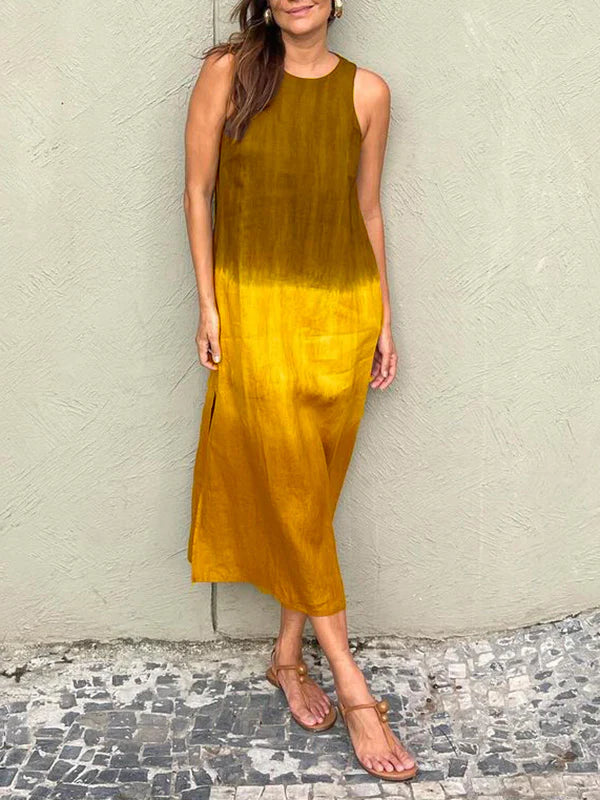 đSommer-Hot-Sale 49% Rabatt - LĂ€ssiges langes Kleid aus Baumwolle und Leinen, Ă€rmellos, mit Schlitz und Farbverlauf