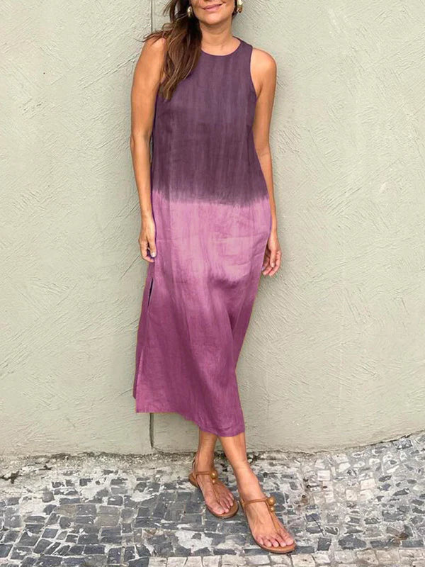 đSommer-Hot-Sale 49% Rabatt - LĂ€ssiges langes Kleid aus Baumwolle und Leinen, Ă€rmellos, mit Schlitz und Farbverlauf