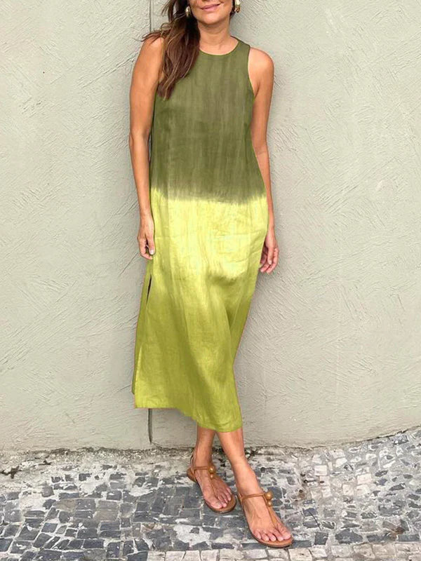 đSommer-Hot-Sale 49% Rabatt - LĂ€ssiges langes Kleid aus Baumwolle und Leinen, Ă€rmellos, mit Schlitz und Farbverlauf