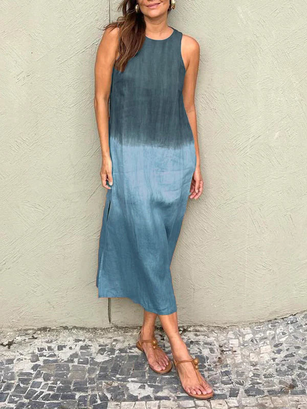 đSommer-Hot-Sale 49% Rabatt - LĂ€ssiges langes Kleid aus Baumwolle und Leinen, Ă€rmellos, mit Schlitz und Farbverlauf