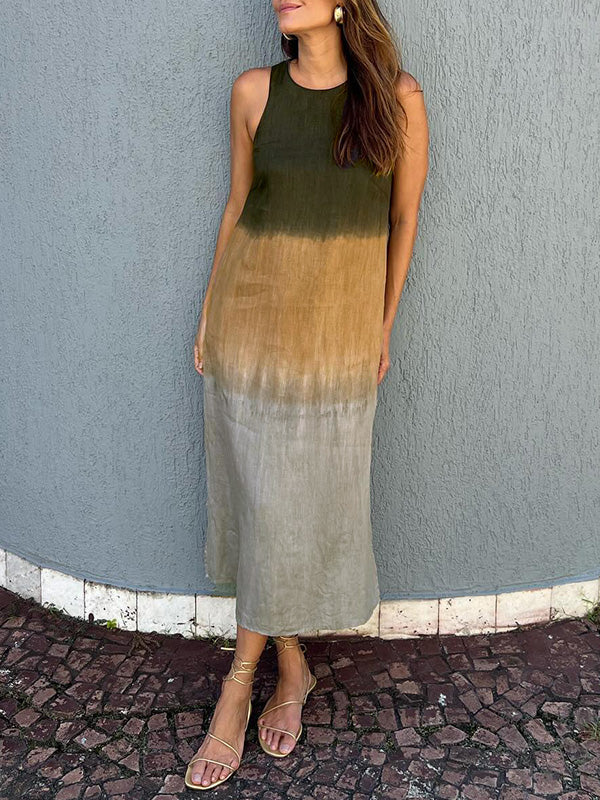 đSommer-Hot-Sale 49% Rabatt - LĂ€ssiges langes Kleid aus Baumwolle und Leinen, Ă€rmellos, mit Schlitz und Farbverlauf