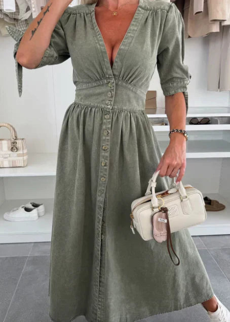 ✨Neu im Frühling! 👗Jeanskleid mit V-Ausschnitt und Knopfleiste für Damen