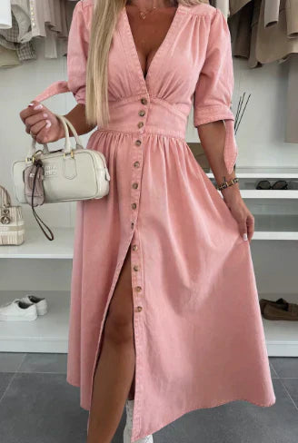 ✨Neu im Frühling! 👗Jeanskleid mit V-Ausschnitt und Knopfleiste für Damen