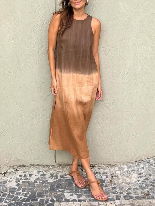 đSommer-Hot-Sale 49% Rabatt - LĂ€ssiges langes Kleid aus Baumwolle und Leinen, Ă€rmellos, mit Schlitz und Farbverlauf