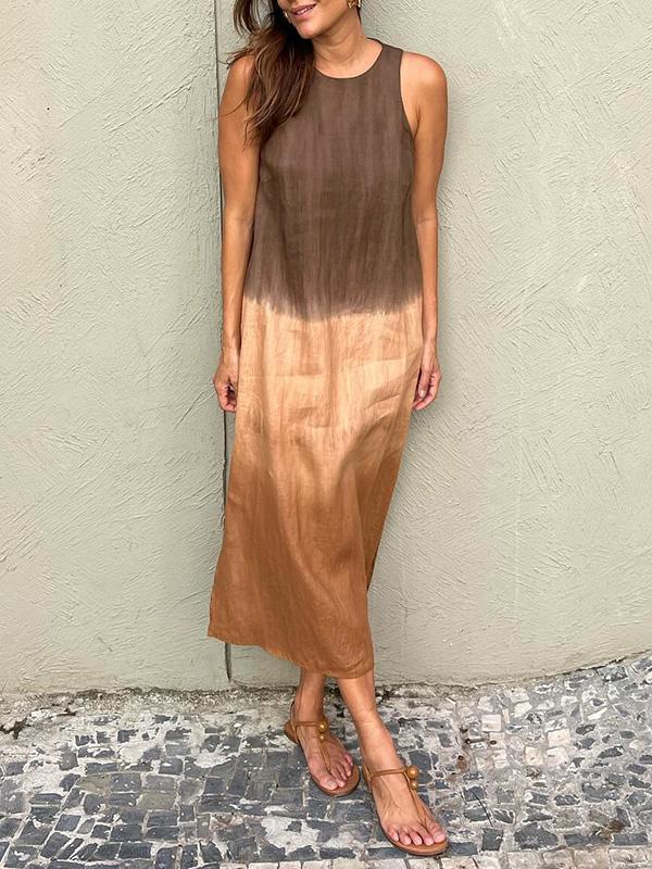 đSommer-Hot-Sale 49% Rabatt - LĂ€ssiges langes Kleid aus Baumwolle und Leinen, Ă€rmellos, mit Schlitz und Farbverlauf