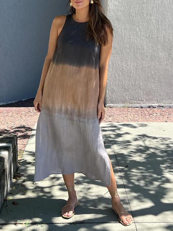 đSommer-Hot-Sale 49% Rabatt - LĂ€ssiges langes Kleid aus Baumwolle und Leinen, Ă€rmellos, mit Schlitz und Farbverlauf