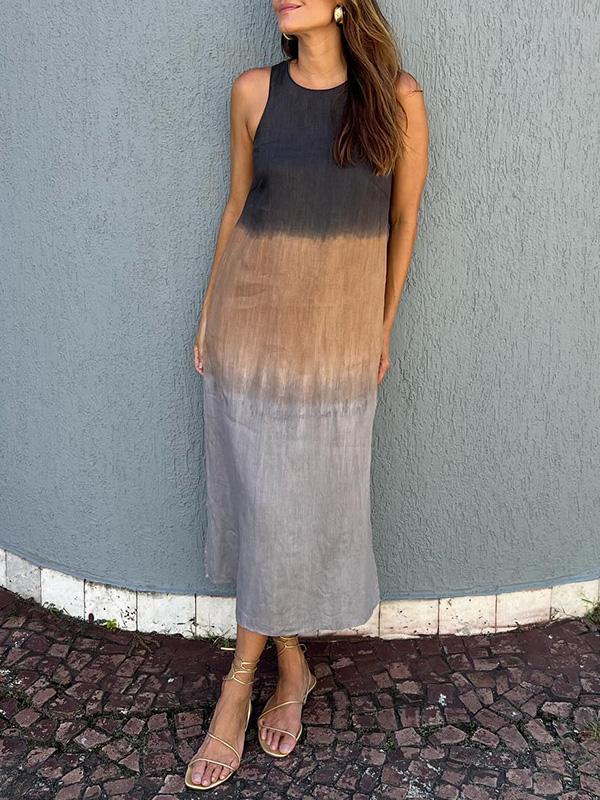 đSommer-Hot-Sale 49% Rabatt - LĂ€ssiges langes Kleid aus Baumwolle und Leinen, Ă€rmellos, mit Schlitz und Farbverlauf