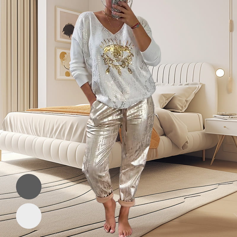 👁️🗨️49% Rabatt 🌷2-teiliges Damen-Set: Devil's Eye Goldfolien-Oberteil und Pailletten-Hosen-Set