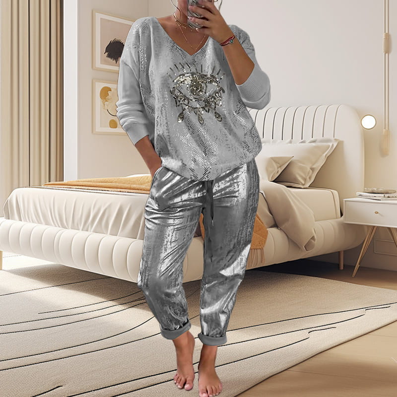 👁️🗨️49% Rabatt 🌷2-teiliges Damen-Set: Devil's Eye Goldfolien-Oberteil und Pailletten-Hosen-Set