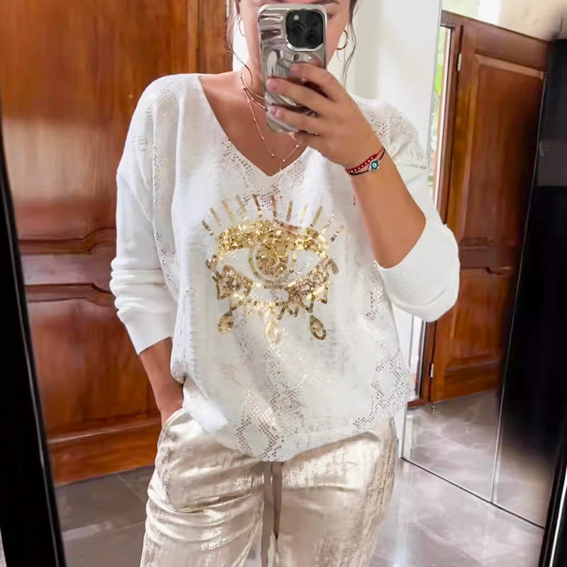 👁️🗨️49% Rabatt 🌷2-teiliges Damen-Set: Devil's Eye Goldfolien-Oberteil und Pailletten-Hosen-Set