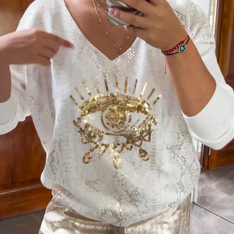 👁️🗨️49% Rabatt 🌷2-teiliges Damen-Set: Devil's Eye Goldfolien-Oberteil und Pailletten-Hosen-Set