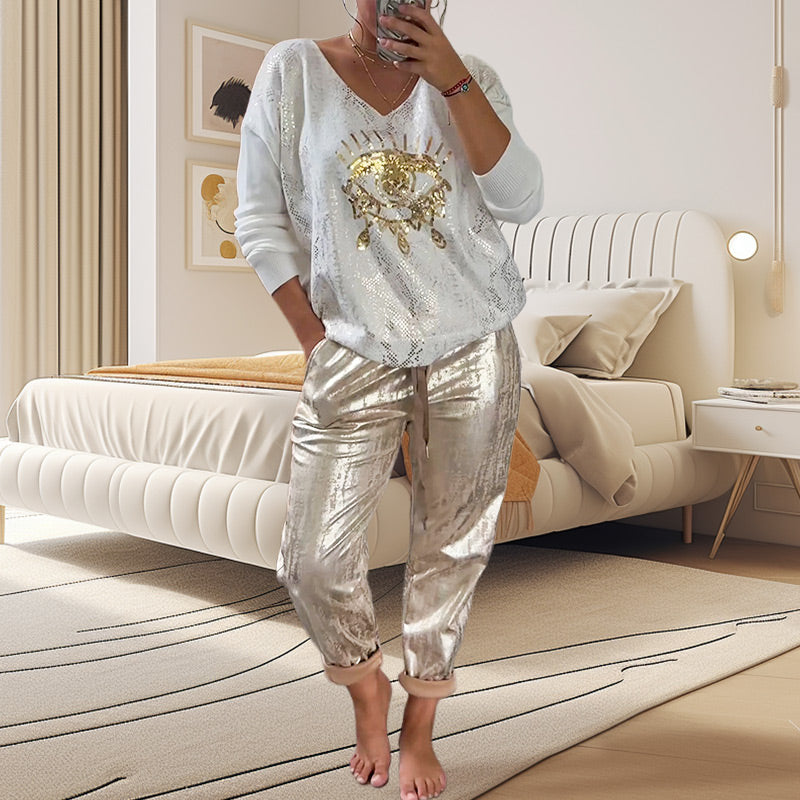 👁️🗨️49% Rabatt 🌷2-teiliges Damen-Set: Devil's Eye Goldfolien-Oberteil und Pailletten-Hosen-Set