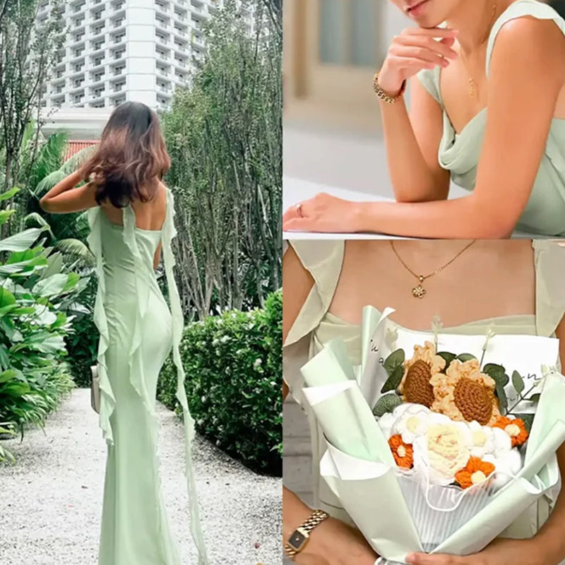 Elegantes schlankes Kleid mit quadratischem Ausschnitt und flatternden Trägern