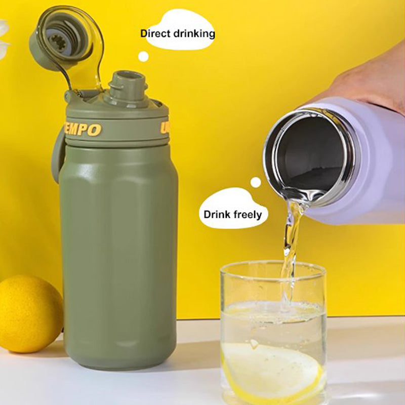 Isolierte Edelstahl-Wasserflasche mit Griff und Strohhalmdeckel