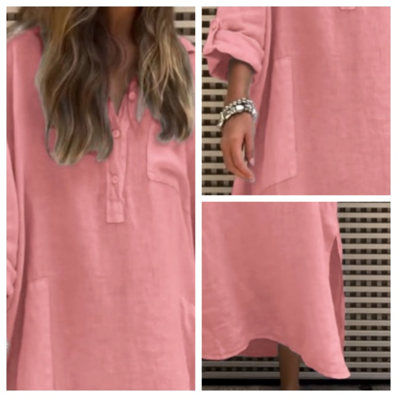 ✨Neue Jahreszeiten!💥49% Rabatt😍Damen Casual Solid Farbe Langarm Kleid mit Taschen