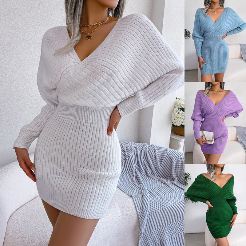 đ
Xmas Sales - 50% OFFđSexy Knit Mini Dress with Batwing Long Sleeves