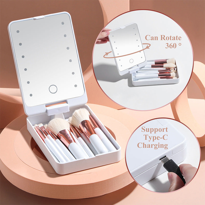 Reise-Makeup-Pinselset mit LED-Licht-Spiegel