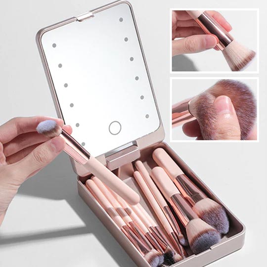 Reise-Makeup-Pinselset mit LED-Licht-Spiegel
