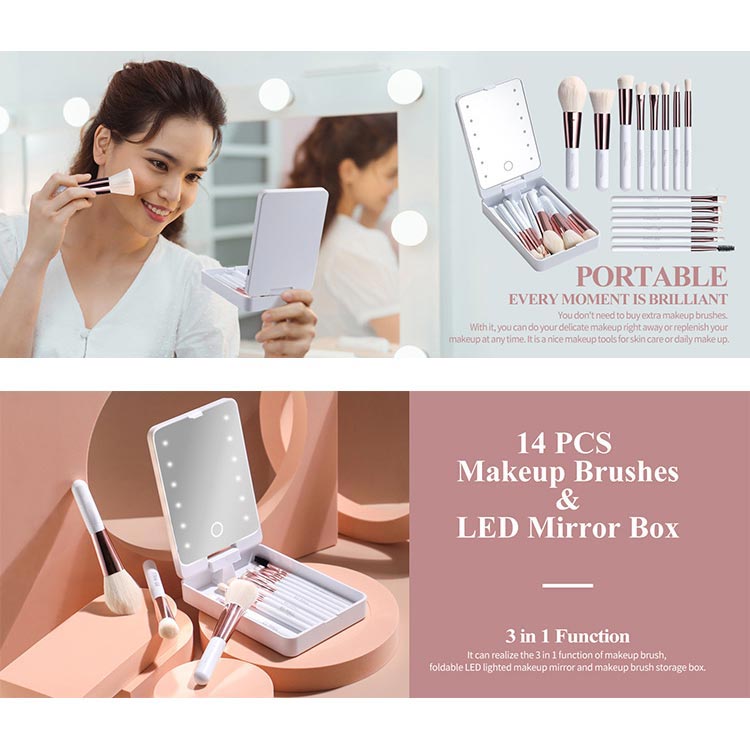 Reise-Makeup-Pinselset mit LED-Licht-Spiegel