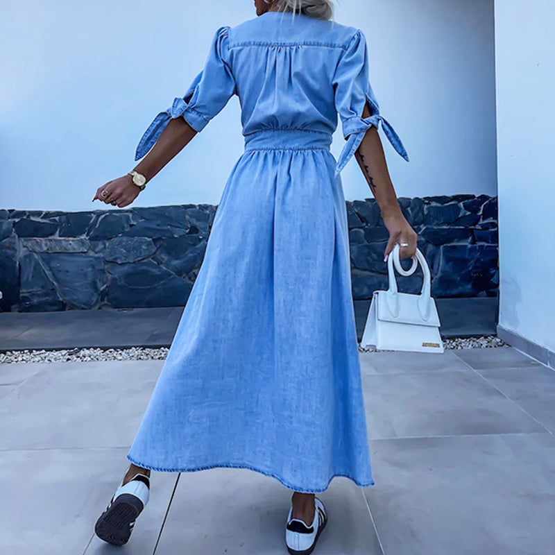 ✨Neu im Frühling! 👗Jeanskleid mit V-Ausschnitt und Knopfleiste für Damen