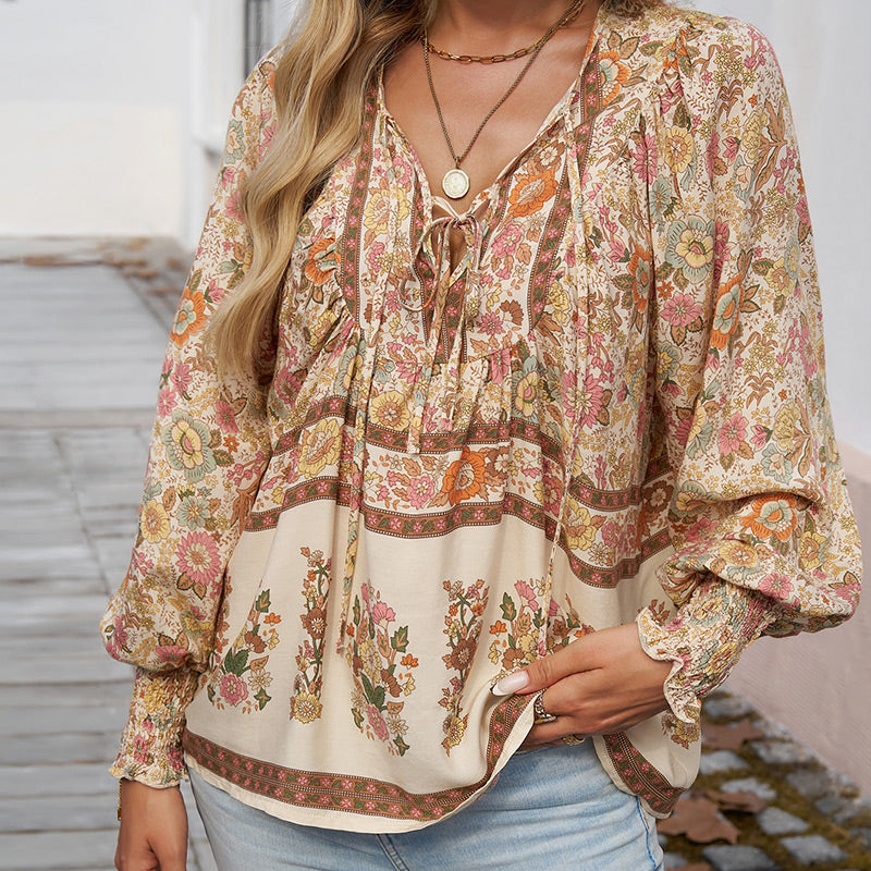 🌷Frühling Vorverkauf 50% Rabatt🍃Damenmode bedrucktes Langarmshirt mit V-Ausschnitt