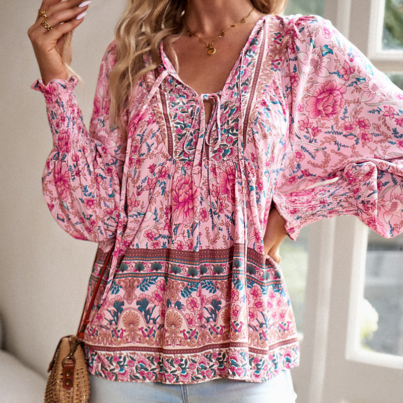 🌷Frühling Vorverkauf 50% Rabatt🍃Damenmode bedrucktes Langarmshirt mit V-Ausschnitt