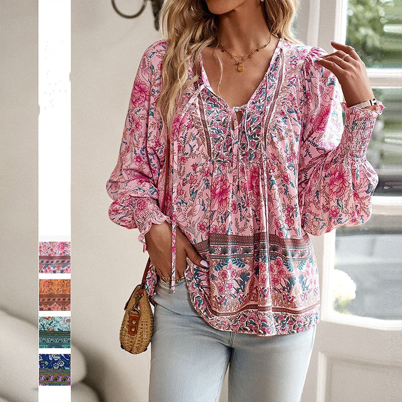 🌷Frühling Vorverkauf 50% Rabatt🍃Damenmode bedrucktes Langarmshirt mit V-Ausschnitt