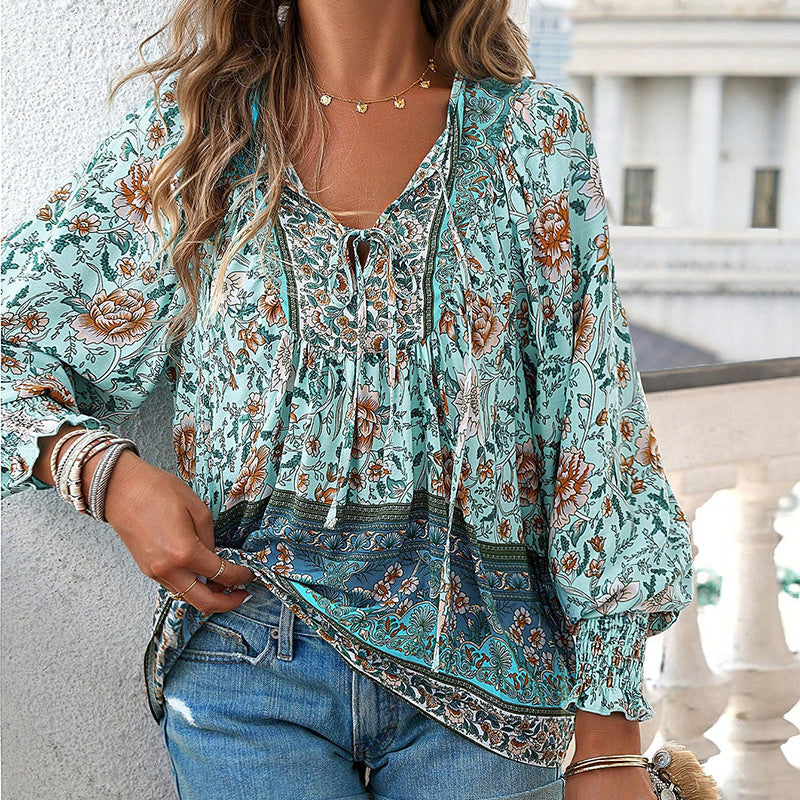 🌷Frühling Vorverkauf 50% Rabatt🍃Damenmode bedrucktes Langarmshirt mit V-Ausschnitt