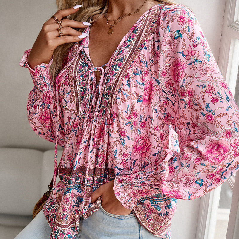 🌷Frühling Vorverkauf 50% Rabatt🍃Damenmode bedrucktes Langarmshirt mit V-Ausschnitt
