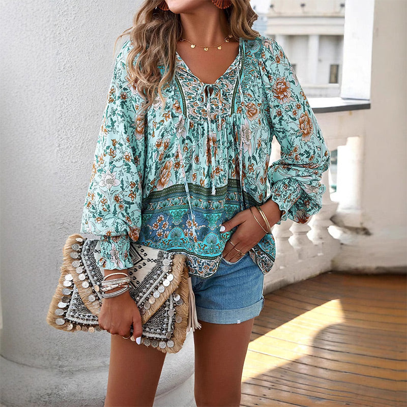 🌷Frühling Vorverkauf 50% Rabatt🍃Damenmode bedrucktes Langarmshirt mit V-Ausschnitt