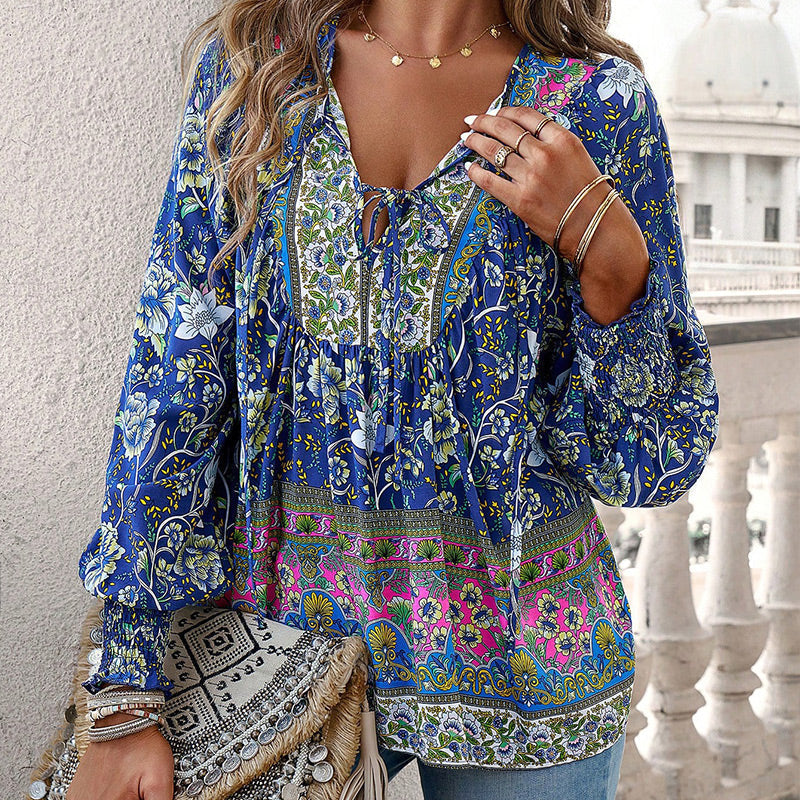 🌷Frühling Vorverkauf 50% Rabatt🍃Damenmode bedrucktes Langarmshirt mit V-Ausschnitt