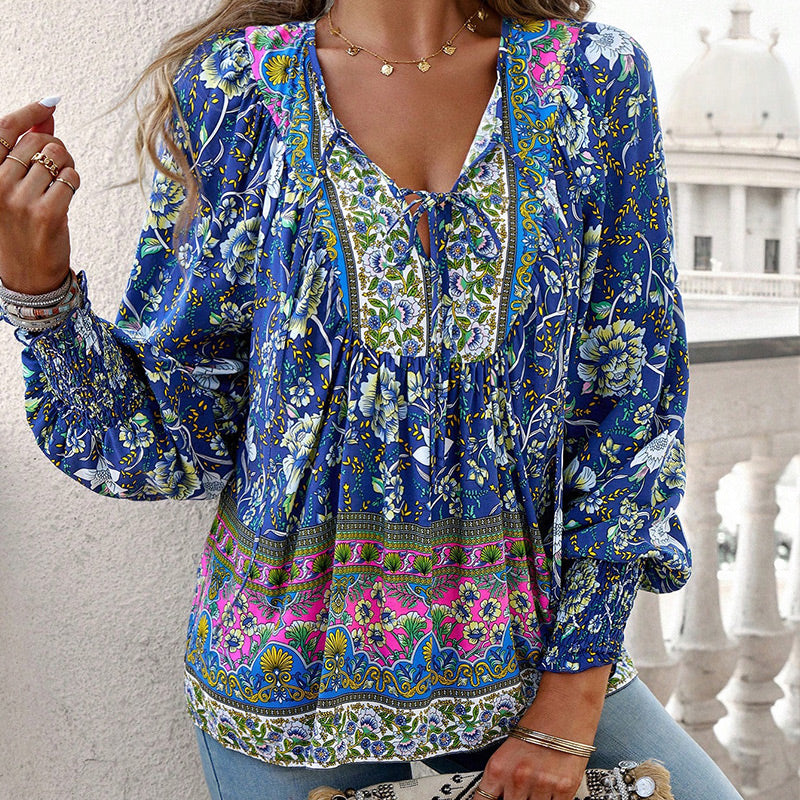 🌷Frühling Vorverkauf 50% Rabatt🍃Damenmode bedrucktes Langarmshirt mit V-Ausschnitt