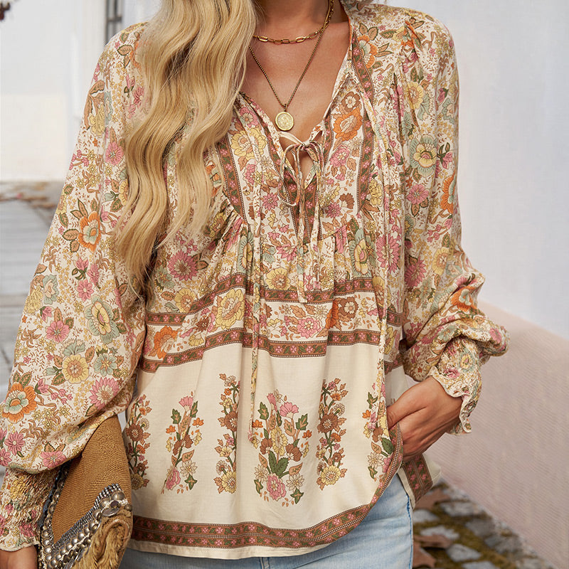 🌷Frühling Vorverkauf 50% Rabatt🍃Damenmode bedrucktes Langarmshirt mit V-Ausschnitt