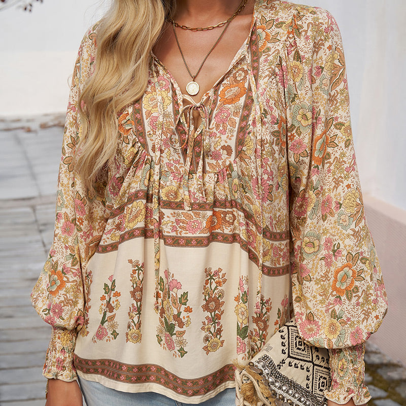 🌷Frühling Vorverkauf 50% Rabatt🍃Damenmode bedrucktes Langarmshirt mit V-Ausschnitt