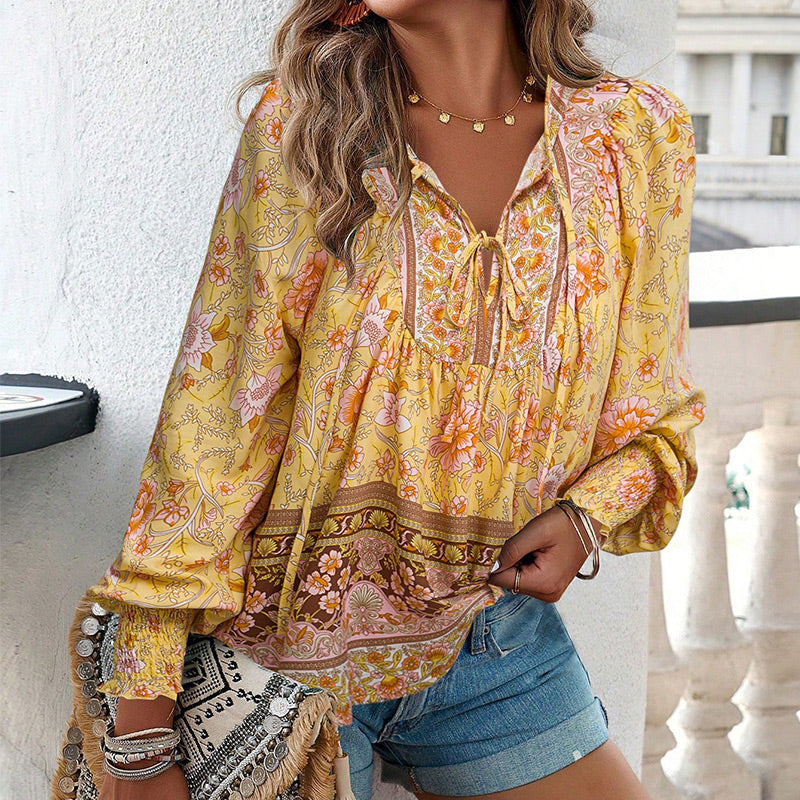 🌷Frühling Vorverkauf 50% Rabatt🍃Damenmode bedrucktes Langarmshirt mit V-Ausschnitt