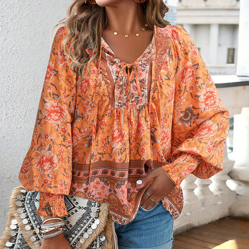 🌷Frühling Vorverkauf 50% Rabatt🍃Damenmode bedrucktes Langarmshirt mit V-Ausschnitt
