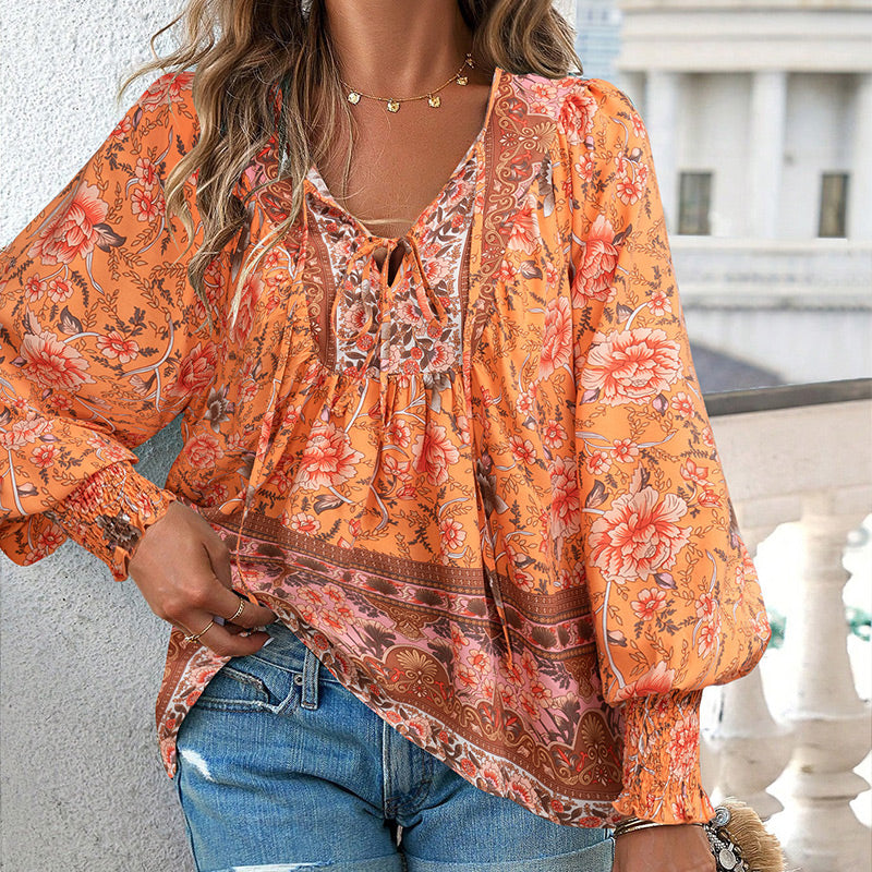 🌷Frühling Vorverkauf 50% Rabatt🍃Damenmode bedrucktes Langarmshirt mit V-Ausschnitt