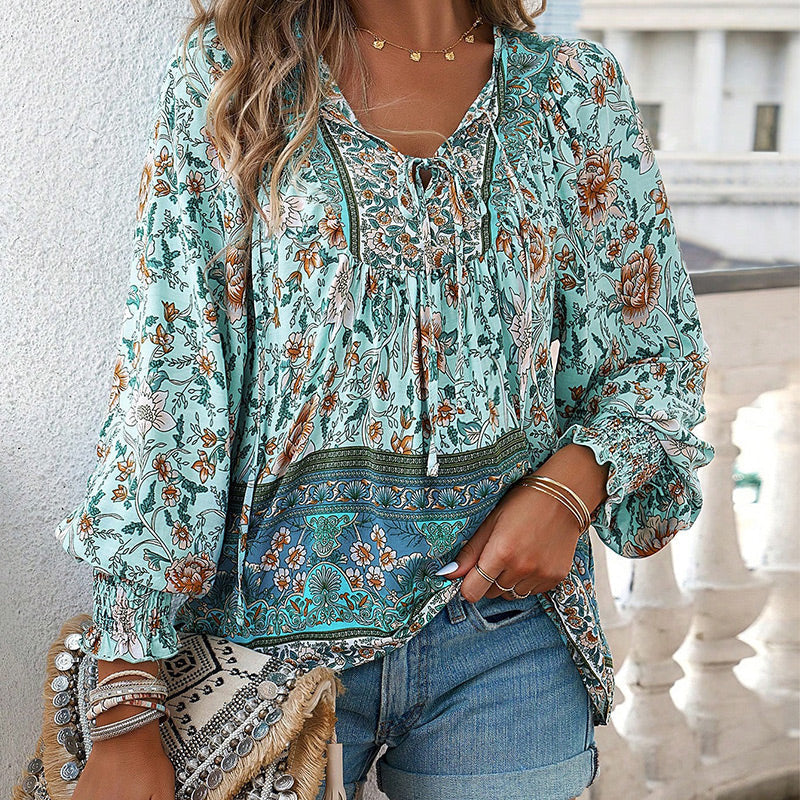 🌷Frühling Vorverkauf 50% Rabatt🍃Damenmode bedrucktes Langarmshirt mit V-Ausschnitt