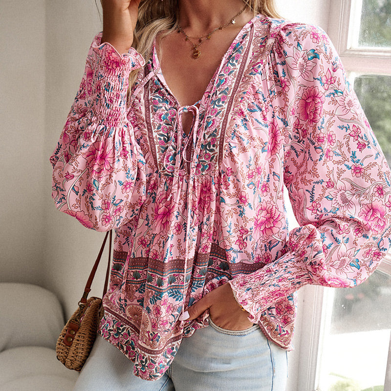 🌷Frühling Vorverkauf 50% Rabatt🍃Damenmode bedrucktes Langarmshirt mit V-Ausschnitt