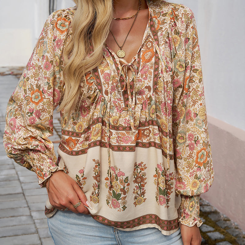 🌷Frühling Vorverkauf 50% Rabatt🍃Damenmode bedrucktes Langarmshirt mit V-Ausschnitt
