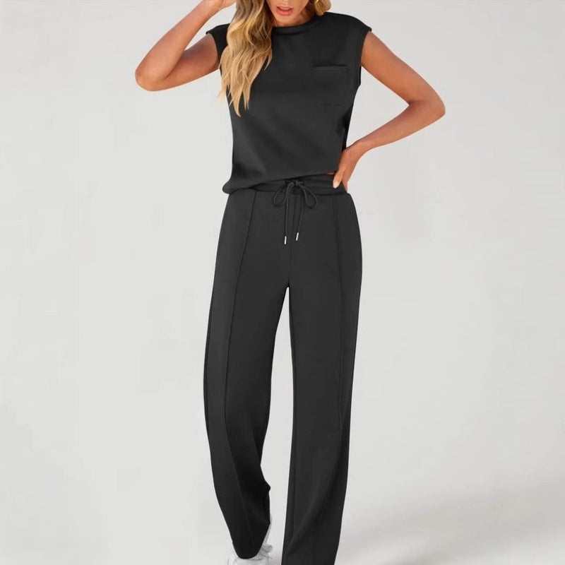 đLĂ€ssiges Damen-Set aus Ă€rmellosem Top und Hose mit Kordelzug, 2-teilig