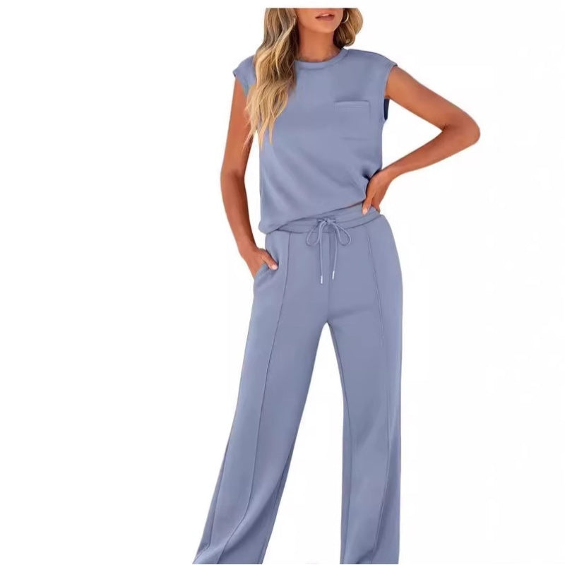 đLĂ€ssiges Damen-Set aus Ă€rmellosem Top und Hose mit Kordelzug, 2-teilig