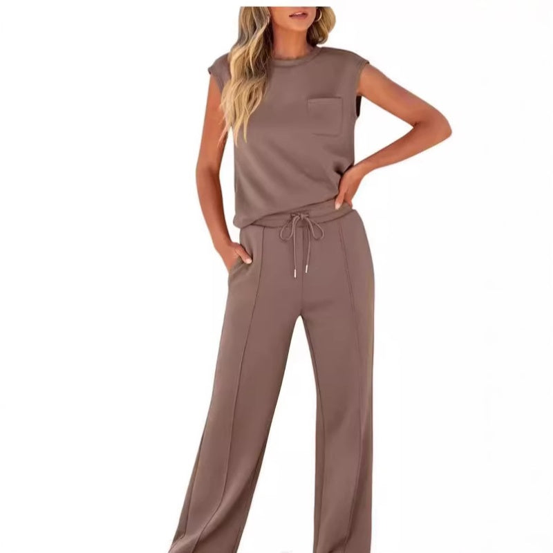 đLĂ€ssiges Damen-Set aus Ă€rmellosem Top und Hose mit Kordelzug, 2-teilig