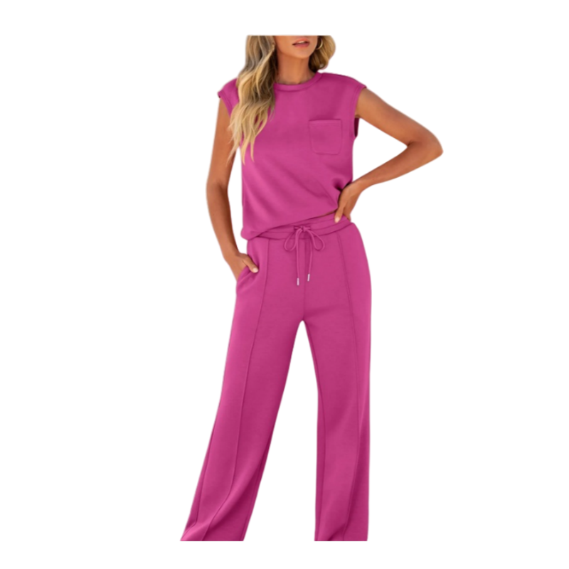 đLĂ€ssiges Damen-Set aus Ă€rmellosem Top und Hose mit Kordelzug, 2-teilig