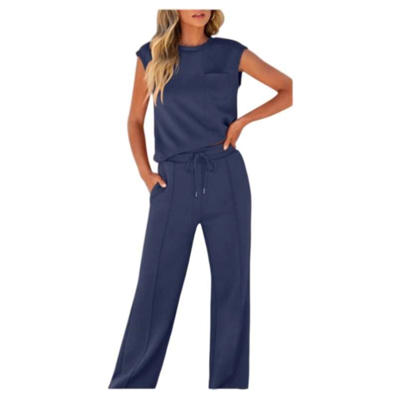 đLĂ€ssiges Damen-Set aus Ă€rmellosem Top und Hose mit Kordelzug, 2-teilig