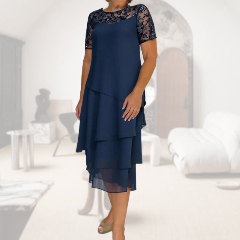 Elegantes Damen-Midikleid in A-Linie mit mehrlagigem Mesh