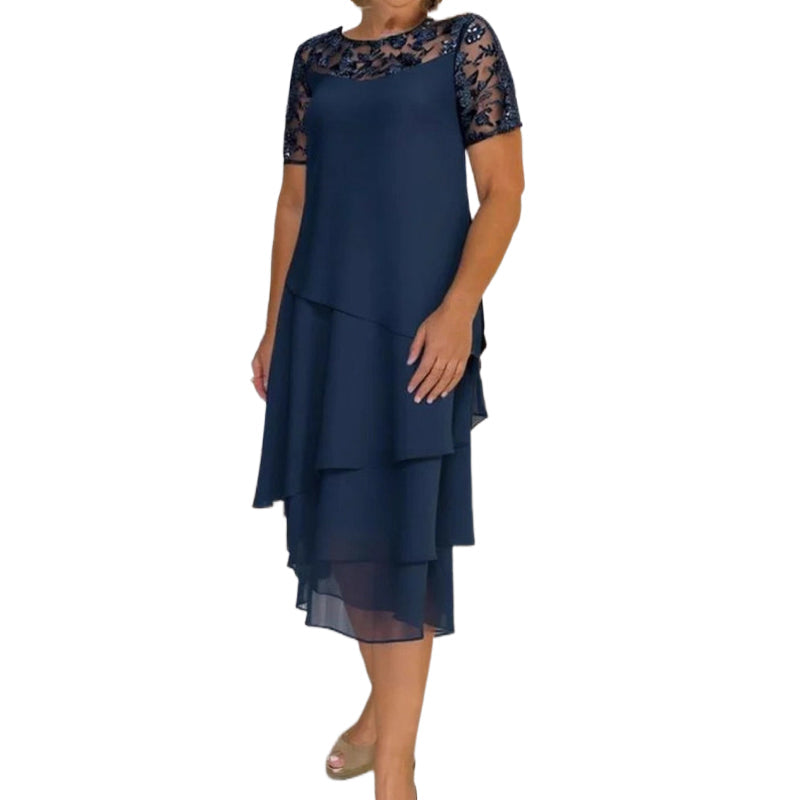 Elegantes Damen-Midikleid in A-Linie mit mehrlagigem Mesh
