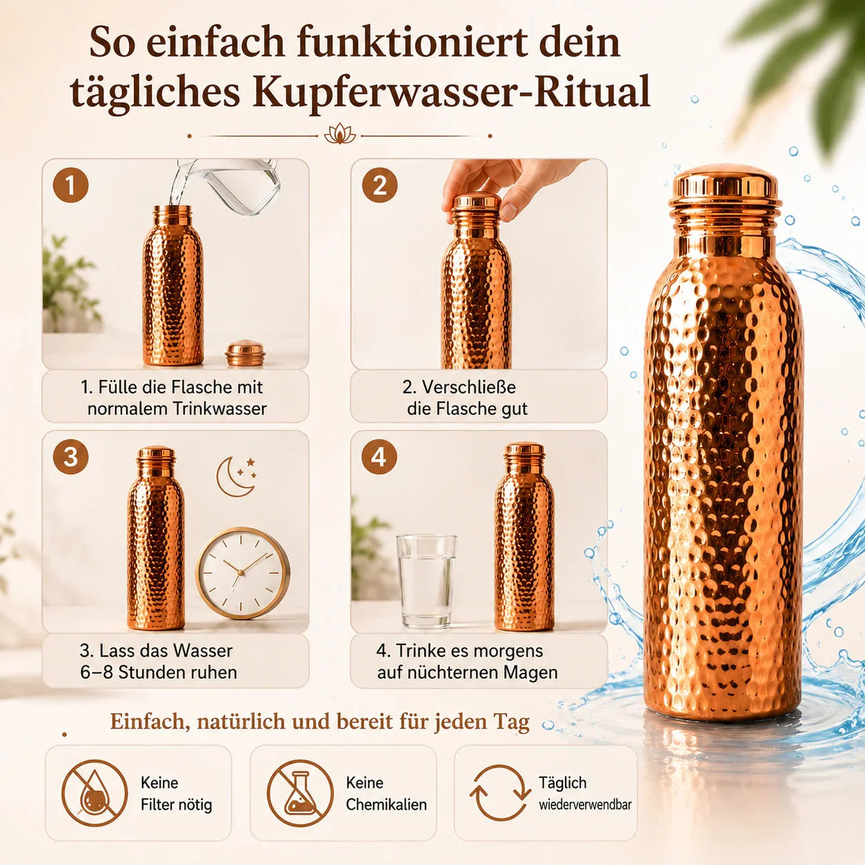 ❄️Sommerfrische 50 % Rabatt!💧Premium-Trinkflasche aus 100 % massivem Kupfer – Plastikfrei und nach ayurvedischen Prinzipien